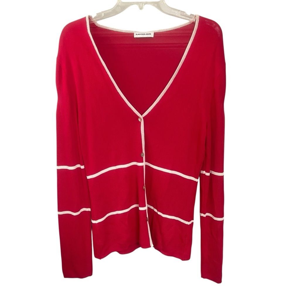 MUGLER Cardigan Button Down Sweater Red & White Cutout Detail Medium